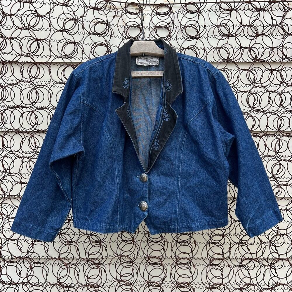 Vintage 90s Southwest Canyon Denim Embroidered Cowgirl Crop Blazer Jacket LARGE?